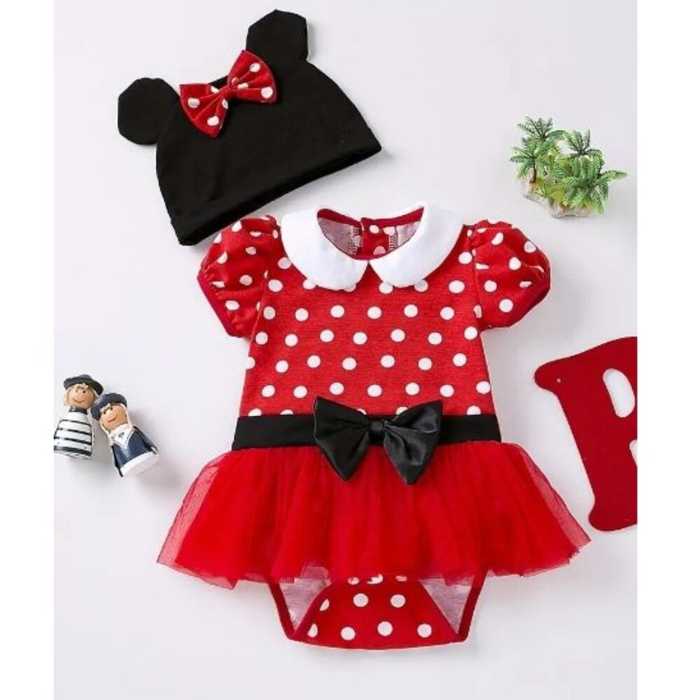 Minnie Mouse Baby Girls Short Sleeve Tutu Romper Jumpsuit & Hat Costume
